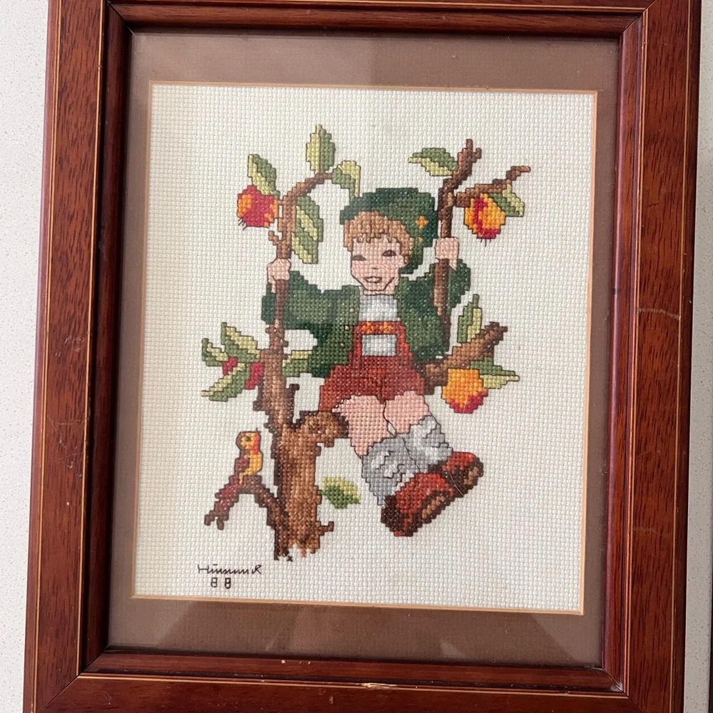 Vintage 1988 Framed‎ Hummel Cross Stitch Needlepoint Boy And Girl Set Of 2